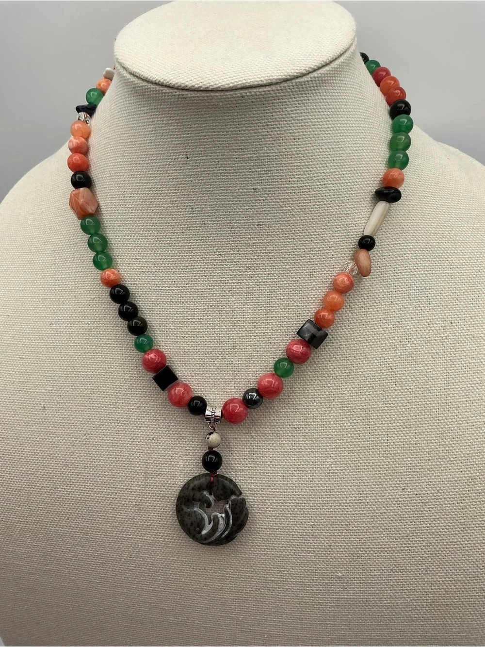 Multicolor Beaded Jade Pendant Necklace - Sterling Silver 925 Accents